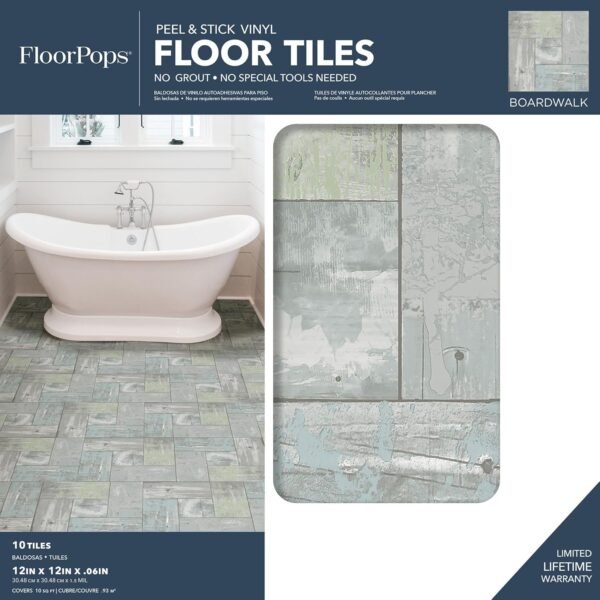 FloorPops FP3290 “Boardwalk” Vinyl Floor Tiles – Coastal Grey, Peel & Stick (10-Pack)