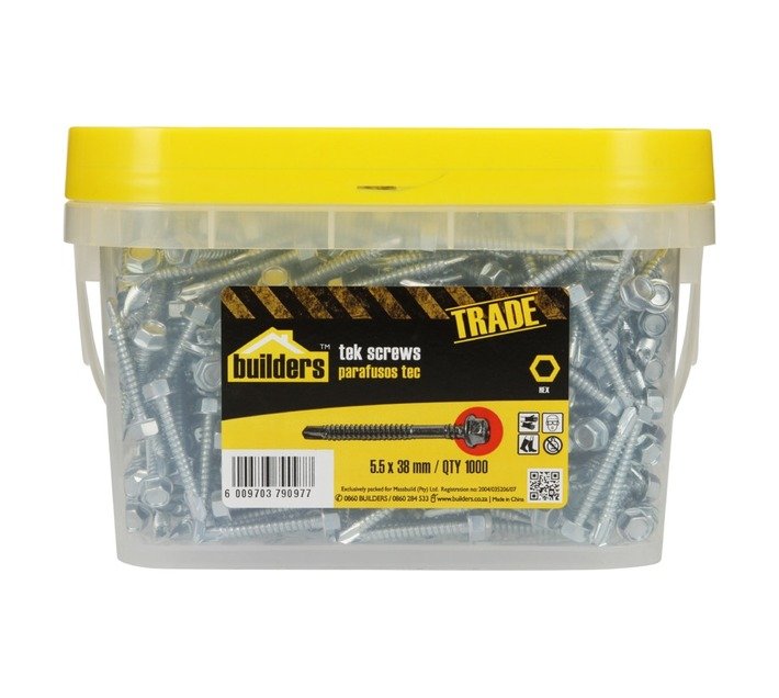 Builders 1000 x Hex Head Tek Screws 5.5 x 38 mm — SA Home Builder Store