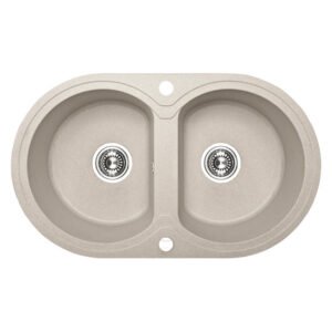 Laveo Dafne Granite Kitchen Sink – 2-Bowl Reversible Inset Sink with Automatic Plug, Beige 780 x 470 x 190 mm — SA Home