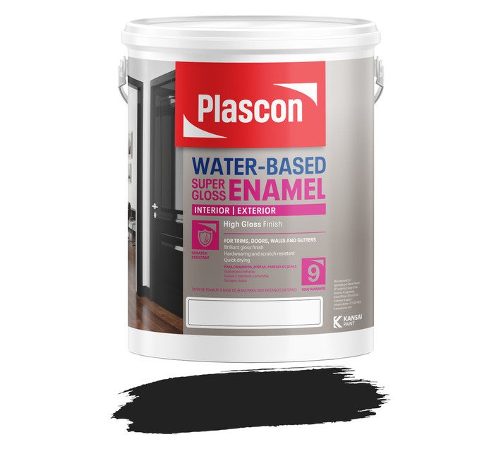 Plascon Water Based Super Gloss Enamel Paint Black 5 L — SA Home Builder Store